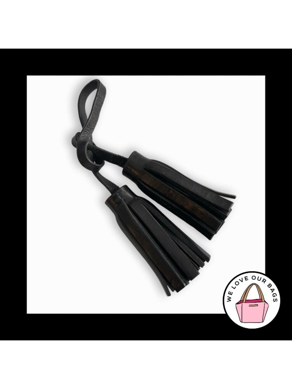 COACH LEGACY Black Leather Double Tassel Strap Bag Charm Hang Tag Keychain Fob